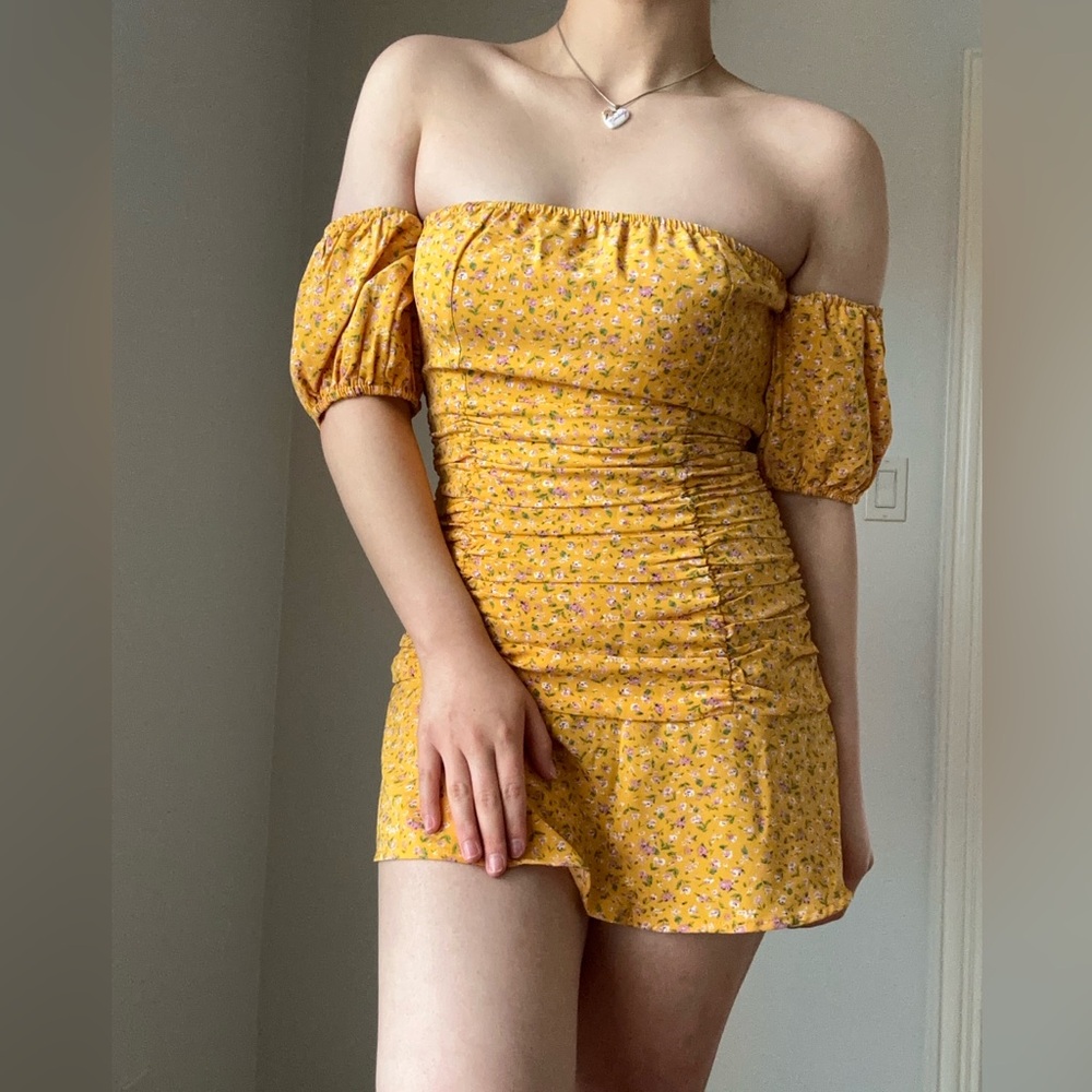 Yellow floral off the shoulder mini flare dress #sunshine #spring #minidress
